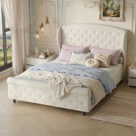 Cama de matrimonio 140x200 cm estilo nórdico, en terciopelo teddy - con cabecero capitonado y somier de láminas - blanco crema (1/5)