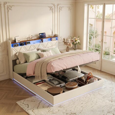 Cama Canapé Abatible 160x200 cm, Cama Doble con LED RGB y Puertos USB/Tipo C – Cabecero con Almacenaje, Somier de Láminas Incluido, Tapizado en Lino, Diseño Nórdico – Beige