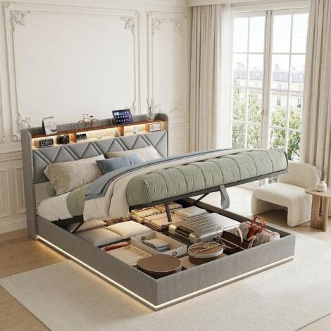 Cama Canapé Abatible 140x200 cm, Cama Doble con LED RGB y Puertos USB/Tipo C – Cabecero con Almacenaje, Somier de Láminas Incluido, Tapizado en Lino, Diseño Nórdico – Gris