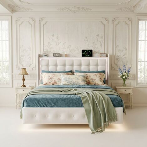 Cama de matrimonio 160x200 cm en franela - con LED y puertos USB - somier de láminas incluido, estilo escandinavo - blanco (1/5)