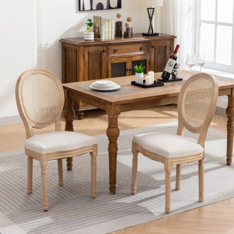 Pack de 2 Sillas de Ratán - Respaldo de rejilla (cannage), estructura de madera maciza envejecida - Asiento acolchado de lino, Beige