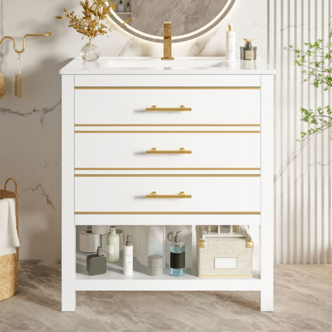 Mueble de baño independiente con lavabo de 66 cm, con lavabo de cerámica - 2 cajones y estante abierto, asas doradas - Blanco (Sin grifería)