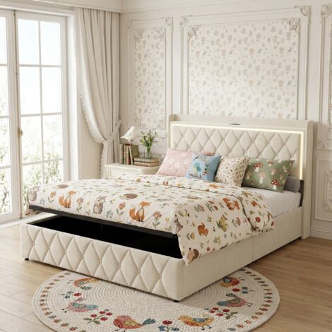 Camas con canapé abatible 140x190 cm - Cama de Matrimonio con Somier de Láminas, LED y Puertos USB, Estilo Nórdico, Beige (1/5)
