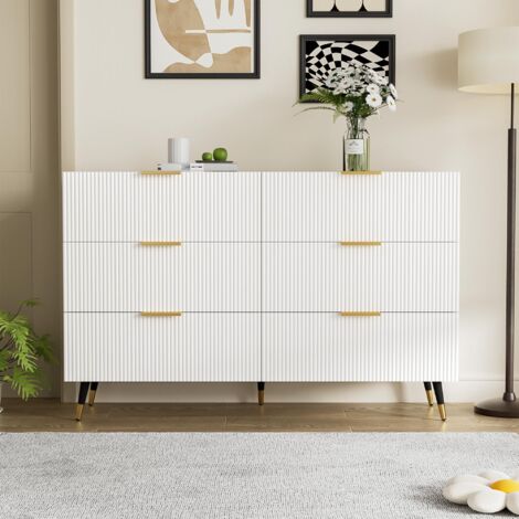 Cómoda de dormitorio de 120 cm con 6 cajones, patas doradas y tiradores dorados, mueble de almacenaje, estilo escandinavo - Blanco
