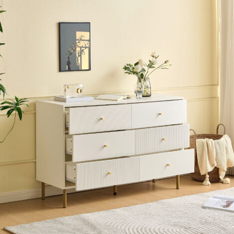 Cómoda de 120 cm, cómoda de dormitorio con 6 cajones, mueble de almacenaje blanco con patas de metal, ideal para dormitorio y salón, blanco
