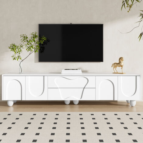 Muebles de televisión 180 cm, elegante mueble para televisor con 4 puertas y 2 cajones, acabado blanco limpio, patas cilíndricas, gran espacio de almacenamiento, diseño moderno – Blanco