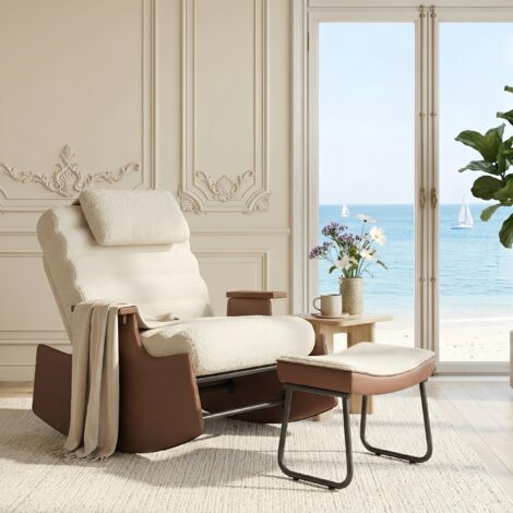 Mecedora de tela cachemir beige con reposapiés - Sillón de lactancia, respaldo reclinable en 3 posiciones y bolsillo lateral - Escandinavo