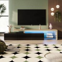 Muebles de televisión 200 cm, con iluminación LED y estantes de vidrio, espacio de almacenamiento, diseño moderno, aspecto de madera - Negro
