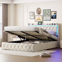 Cama con canapé de 140 x 200 cm en terciopelo, cabecero de rombos con iluminación LED, cama doble con USB/TCP, almacenaje, somier de láminas, diseño moderno - beige.