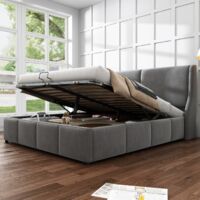 Cama con Almacenamiento 140x190 - Cama doble con espacio de almacenamiento, cabecero tapizado, somier de láminas, tejido de terciopelo, diseño moderno - Gris