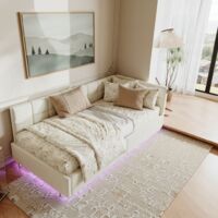 Cama con almacenamiento 90x200 cm, cama individual con iluminación LED integrada, puertos USB y Type-C, base de tablero de madera, moderna, terciopelo - Crema