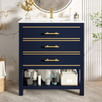 Mueble de baño independiente con lavabo de 66 cm, con lavabo de cerámica - 2 cajones y estante abierto, asas doradas - Azul (Sin grifería)