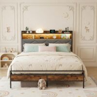 Cama de matrimonio 140x200 cm, cama doble con LED y USB – Somier de láminas incluido – Diseño escandinavo, tejido de lino – Negro