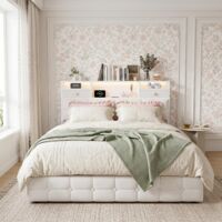 Cama con almacenamiento 140x190 cm en terciopelo beige, cama de matrimonio con LED y USB - Cabecero con almacenaje integrado - Somier de láminas, estilo escandinavo