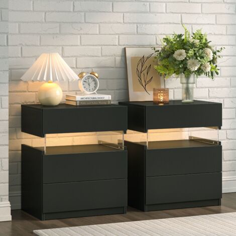 Cubehom Lot de 2 table de chevet LED à 3 tiroirs Table de chevet en acrylique pour chambre à coucher Salon , Noir