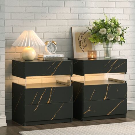 Cubehom Lot de 2 table de chevet LED à 3 tiroirs Table de chevet en acrylique pour chambre à coucher Salon ，Noir doré