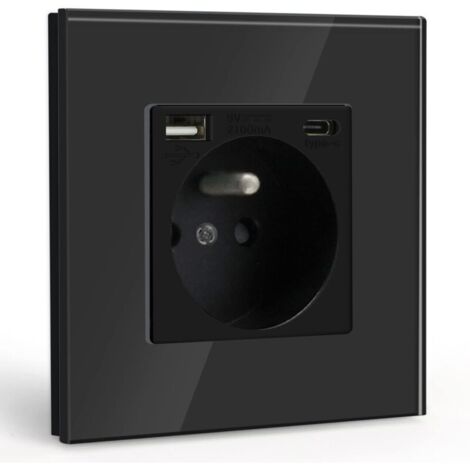 Prise Murale avec USB et 1 Type C,Noir courant alternatif avec Panneau en verre cristal,Multiprise Murale avec USB(max2.1A),convient à la smartphone,à la tablette (1/4)