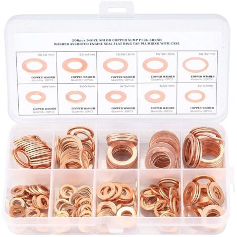 Cuivre Rondelles Metal, Joints Bague D'étanchéité, Rondelles Plates, Joint Torique avec Boîte pour L'étanchéité - 200 Pcs/M5 M6 M8 M10 M12 M14