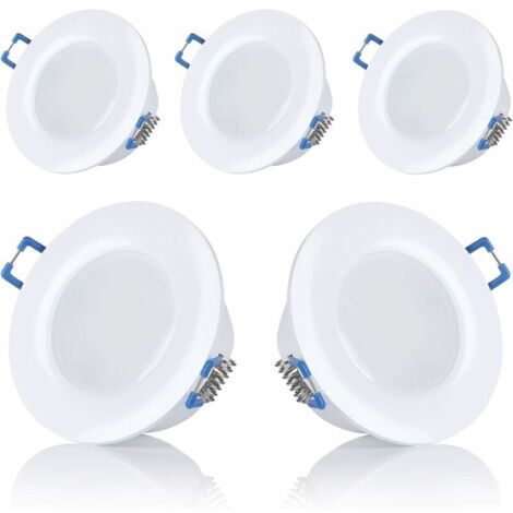 Lot de 5 spots LED, encastrables, pour salle de bain, IP44, 230 V, ultra plats, 5 W, disponibles en blanc chaud et blanc froid, ronds, blanc, pour salle de bain,Diamètre d'ouverture : 75-80mm [Classe (1/4)