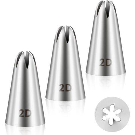 Lot de 3 embouts de douille 2D en acier inoxydable pour décoration de gâteaux - Pour crème au beurre, glaçage de gâteau d'anniversaire, cupcake - Fournitures de pâtisserie - Argenté (1/4)