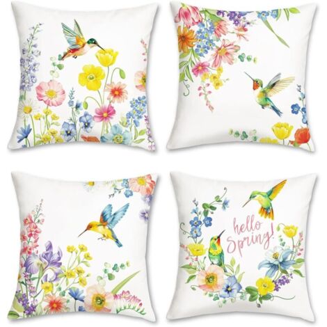 Housse de Coussin Printemps Fleurs 45 x 45 cm Colibris Fleurs Colorées Décoratif Taie d'oreiller pour Canapé Salon Chambre Chaise Jardin Maison Décoration 4 Pièces (1/4)