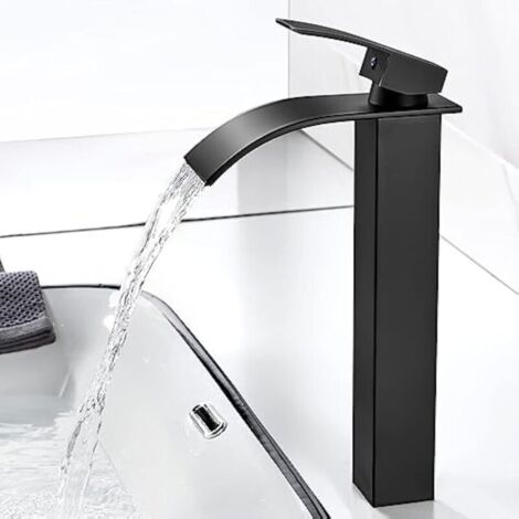 Robinet Salle de Bain Cascade, Moderne Robinet Lavabo Noir, Mitigeur Lavabo avec bec Hauteur 237 mm, Robinetterie Carré en Laiton Eau Chaude et Froide Disponible G 3/8 (1/4)