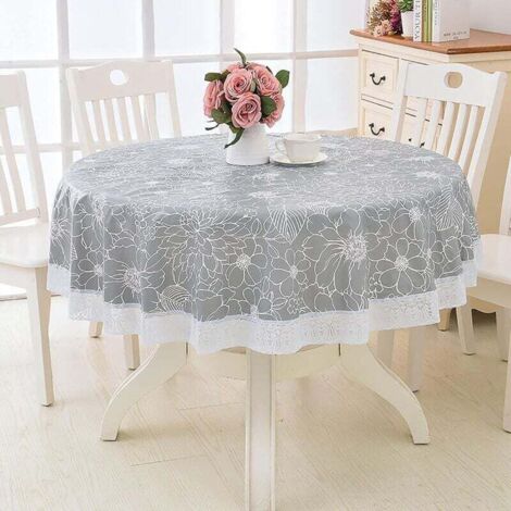 Nappe Toile cirée PVC Ronde,avec Motif Floral et Dentelle,Nappe Ronde Anti Tache Impermeable Nappe de Table Toile Cirée de Salle à Manger,pour Salle à Manger,Jardin,Café,Fête (Gris,180cm) (1/4)