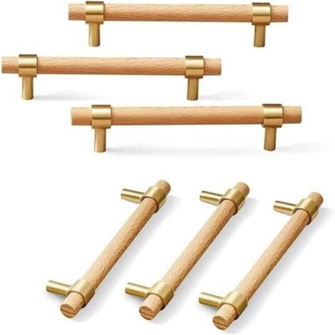 poignée de meuble en Bois, 6 pièce Poignée en bois-poignées de placard en bois poignée de meuble cuisine en bois Entraxe 96mm (1/4)
