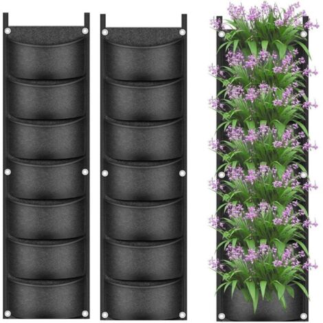 2 Pièces Sacs de Culture de Plantes Suspendus, 7 Poches Jardinière Murale Sac pour Pot de Fleurs Vertical Sacs de Culture Respirants en Tissu Non Tissé pour Cour Jardin Maison Décoration (Noir) (1/5)