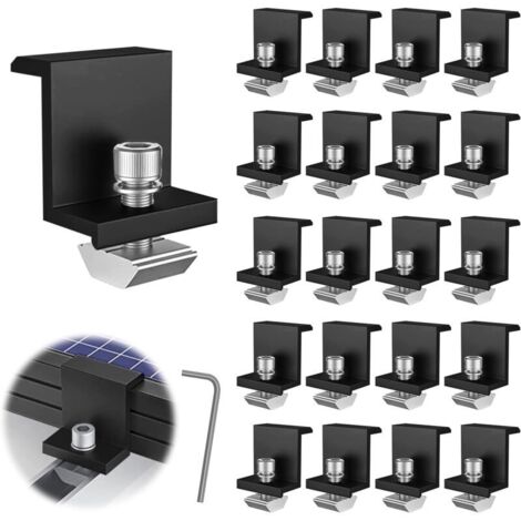 20 Pièces Supports de Panneau Solaire, 30 mm Fixation Panneau Solaire, Kit Panneau Solaire, pour Rail de Montage Photovoltaïque, avec Clé Hexagonale, pour Toiture, Mural (1/5)