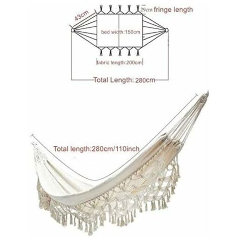 Hamac d'extérieur en coton - Double hamac avec pompons en dentelle tissés - Lavable en machine - Portable - Charge maximale : 300 kg - Pour le camping et le jardin (1/4)
