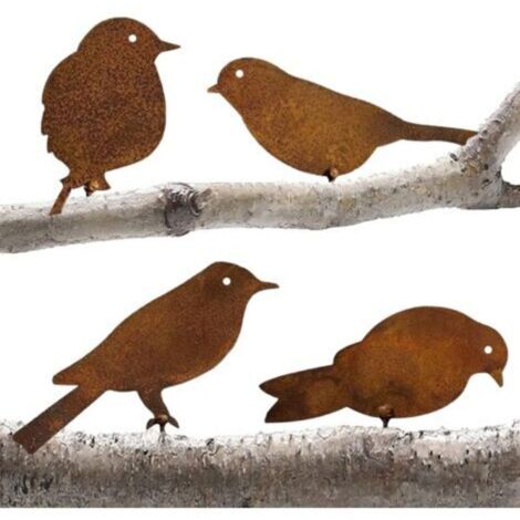 Bouchon de jardin décoratif en métal – Lot de 4 oiseaux en fer forgé avec patine effet rouille – Dimensions variées pour embellir espaces extérieurs (1/5)