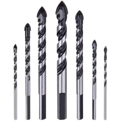 Lot de 7 forets à maçonnerie carbure tungstène – Pour béton, brique, verre, bois – Tige à 3 plats – Tailles 3 à 12 mm (1/5)