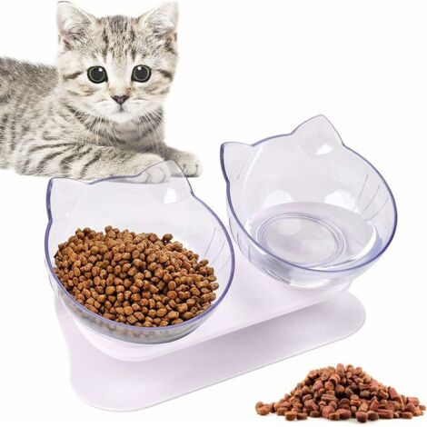 Gamelle Chat, Bol à Double Chat, 15°Inclinable Support, Antidérapant, pour Réduire Les Douleurs Au Cou des Animaux Domestiques, pour Chats Et Chiens (Transparent) (1/5)