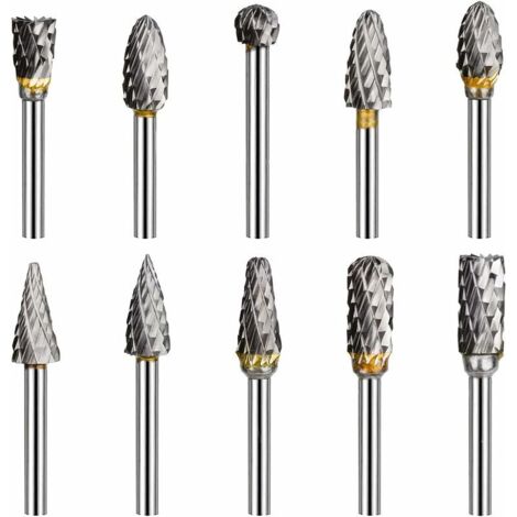 Lot de 10 fraises rotatives en acier au tungstène 3mm – Double coupe – Pour meulage, gravure et polissage sur métal et bois (1/5)