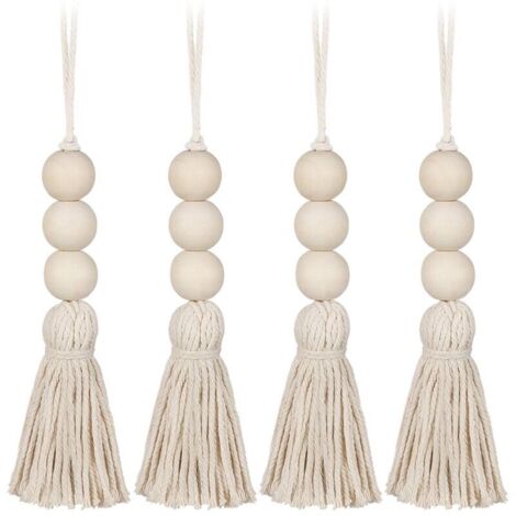 4Pcs Gland Perles en Bois Ferme Perles Glands Perles de Prière Naturelles Coton Ligne Décorative Tenture Murale Pompon Perle Pendentif pour Placard Armoire Porche