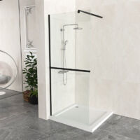 T&K 190cm Height Walk In Shower Screen Black Framed, 70cm Width, 6mm Tougheded Glass Safety Double-sided Easy Clean Glass With Telescopic Support Bar