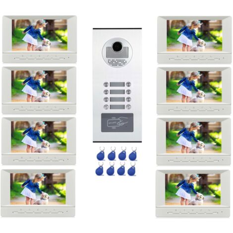 Interphone vidéo couleur pour 8 logements / appartements avec lecteur RFID