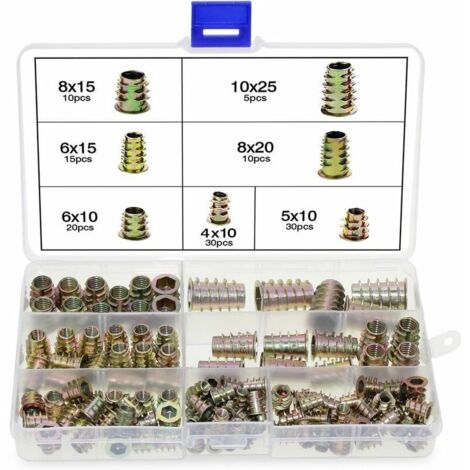 Abcrital – Lot de 120 écrous hexagonaux en alliage de zinc M4 M5 M6 M8 M10 – Inserts filetés pour meubles en bois – Stockés dans boîte plastique (1/5)