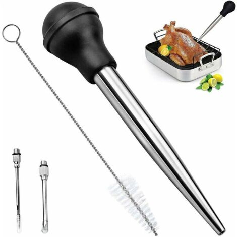 KZQ Poires à Sauce en Acier Inoxydable 304 et Caoutchouc, Poire à Jus Pipette Cuisine Aiguille d'Injection avec Brosse de Nettoyage pour Cuisson BBQ, (1/5)