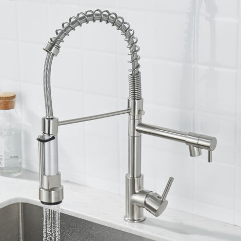 Robinet de cuisine, pulvérisateur à tirette Robinet à ressort, tout en cuivre, eau chaude et froide rotative double mode avec tête de pulvérisation à 2 sorties (jet et pulvérisation) - brossé (1/4)
