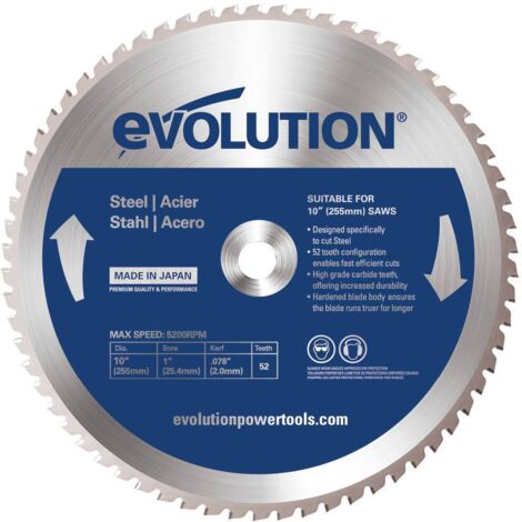 Lame de scie circulaire 255mm 52 dents – Alésage 25,4mm – Carbure de tungstène pour coupes précises dans acier doux – Evolution Power Tools