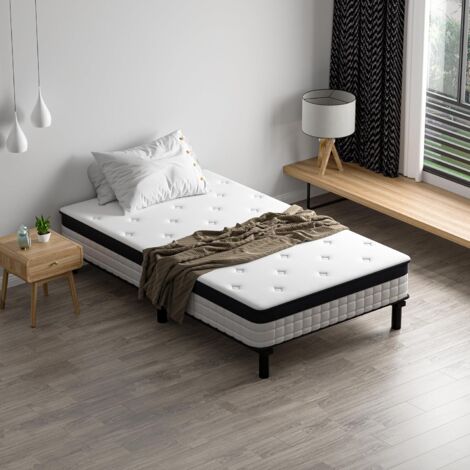 Dewinner – Ensemble matelas 90 x 190 cm – Matelas à ressorts ensachés – Cadre de lit en fer avec 6 pieds – Épaisseur 18 cm – Haute résilience et respirant