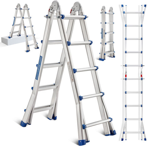 Stanew – Échelle télescopique en aluminium 5.1m – 4 x 5 marches – Charge max 150 kg – Pour chantiers humides et espaces confinés (1/5)