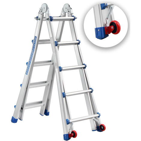 Teeno – Échelle télescopique en aluminium 5,1 m – Charge max 150 kg – 5 x 5 marches – Base triangulaire stabilisatrice – Roues intégrées pour transport