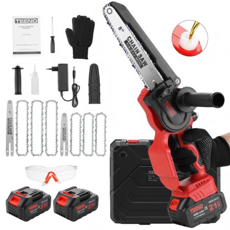 Teeno – Tronçonneuse à batterie 6+8 pouces – Moteur sans balais 1000W – 2 batteries 4000mAh – Coupe jusqu'à 180 mm de diamètre – Kit complet avec 6 chaînes