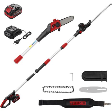 Teeno – Taille-haies télescopique sans fil 20V 4.0Ah – Moteur Brushless – Longueur de lame 24 cm – Tête inclinable jusqu'à 90° – Pour élagage jusqu'à 4m - 2-en-1