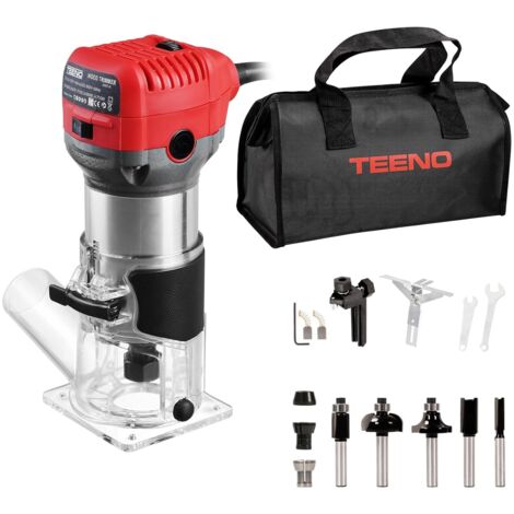 TEENO Défonceuse Affleureuse Électrique 710W 13000-33000 RPM Avec Housse anti Poussière, Affleureuse à Bois Avec 5 Fraises à Défoncer Queue de 1/4"", 6 Vitesses Variables, Base Fixe Mèches 6/6.35/8mm