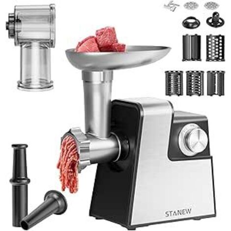 STANEW Hachoir Électrique 2500W, Hachoir à Viande Electrique Professionnel avec Poussoir à Saucisse Électrique, 2 Vitesses, 5 Lames, 2 Plaques, Pour Viande, Légumes