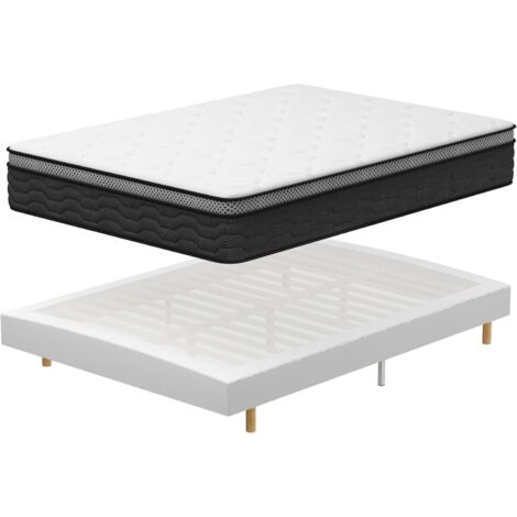 Ensemble Matelas et Sommier 140x190 DEWINNER, Sommier tapissier 140x190 cm et Matelas Ressorts Ensachés 140x190x25 cm, Matela 2 Personnes, 9 Pieds Inclus (Pack Matela+Sommier tapissier)